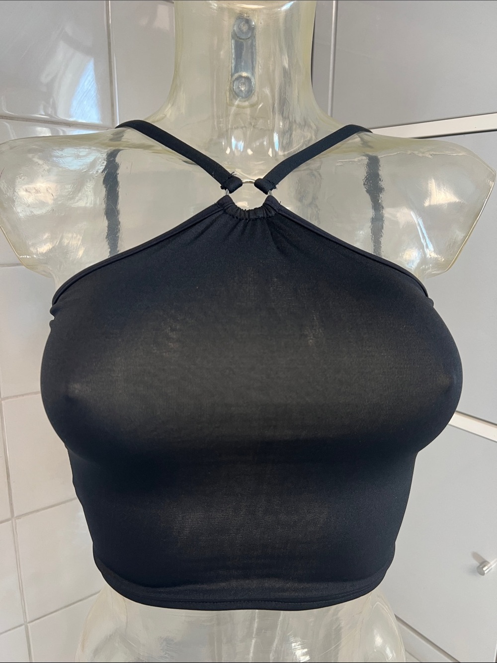 Inverted-V Strappy Cropped Spandex Ring Halter S EXC